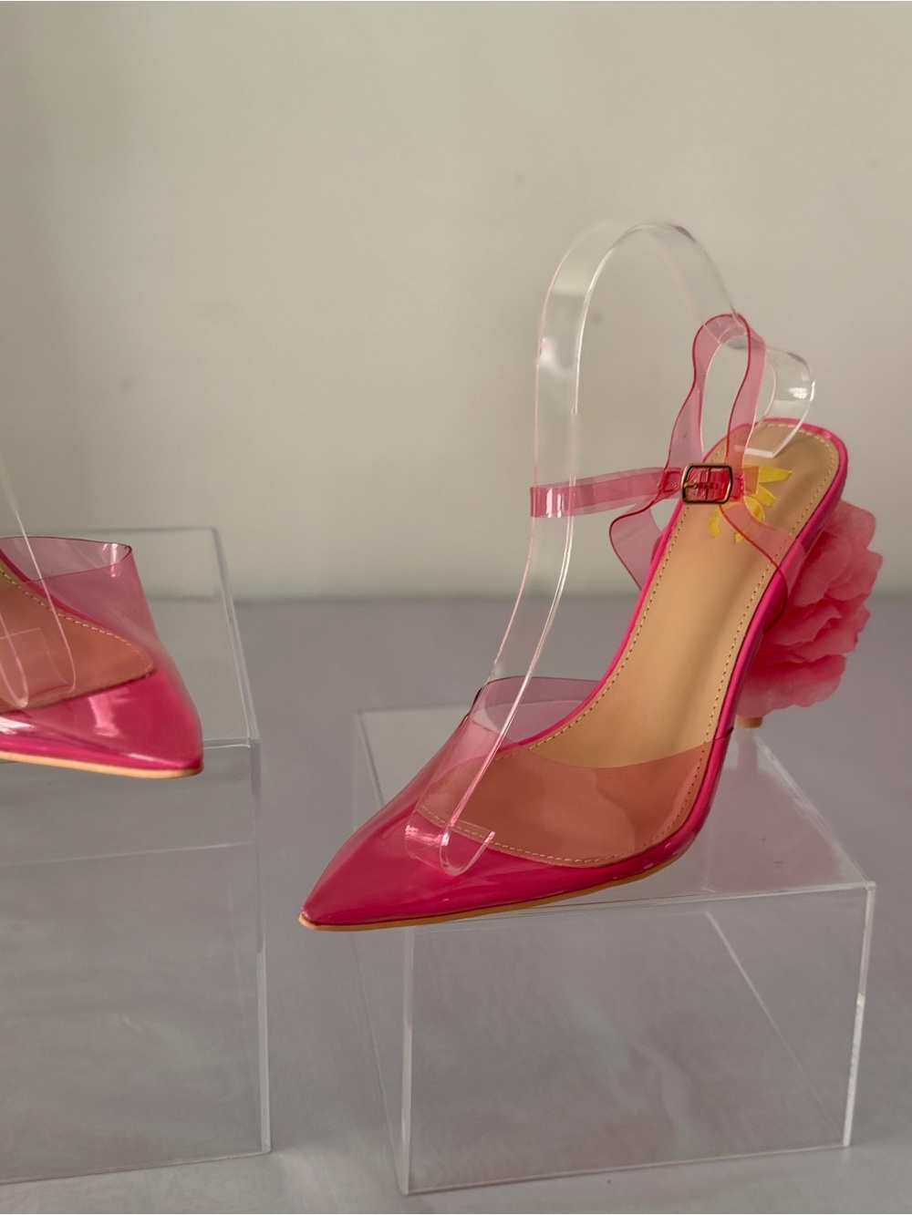 Women's Pink Pointed Toe Slingback Heels with Floral Heel Accent